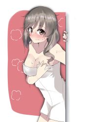 Rule 34 | 1girl, absurdres, around corner, blush, breasts, closed mouth, cowboy shot, girls und panzer, highres, kshimu, leaning forward, long hair, looking at viewer, mature female, medium breasts, naked towel, one-hour drawing challenge, shimada chiyo, smile, solo, standing, steam, towel, wet, white towel