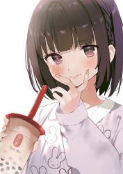 Rule 34 | 1girl, animal print, black hair, blunt bangs, blush, bob cut, braid, brown eyes, closed mouth, commentary request, cup, disposable cup, drinking straw, gaou (umaiyo puyoman), grey shirt, hand up, holding, holding cup, long sleeves, looking at viewer, milk tea, original, rabbit print, shirt, short hair, sidelocks, simple background, smile, solo, upper body, white background
