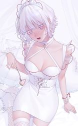 Rule 34 | 1girl, absurdres, arm support, boots, breasts, choker, cleavage, dress, food, fork, freckles, fruit, highres, looking at viewer, mizuki mau, on bed, original, pillow, purple eyes, short hair, sitting, solo, strawberry, thighhighs, tongue, tongue out, white choker, white dress, white footwear, white hair, white strawberry, white theme, white thighhighs