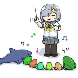 Rule 34 | 1girl, conductor baton, beamed eighth notes, black pantyhose, closed eyes, commentary request, eighth note, frog, grey hair, grey sailor collar, grey skirt, hair ornament, hair over one eye, hairclip, hama! (3toshinhmkz), hamakaze (kancolle), kantai collection, musical note, neckerchief, no nose, pantyhose, pleated skirt, quarter note, sailor collar, school uniform, serafuku, short hair, simple background, skirt, stuffed animal, stuffed shark, stuffed toy, white background, yellow neckerchief
