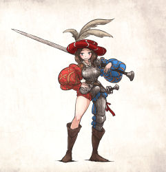 Rule 34 | 1girl, armor, asymmetrical legwear, blue eyes, boots, breastplate, brown footwear, brown hair, closed mouth, codpiece, commentary, english commentary, full body, greaves, hat, hat feather, highres, holding, holding sword, holding weapon, ironlily, landsknecht, long sleeves, medium hair, original, puffy long sleeves, puffy sleeves, red hat, single greave, smile, solo, standing, sword, weapon, zweihander