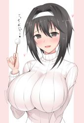 Rule 34 | 1girl, aki (akiiiiiiiii1875), black hair, blush, borrowed character, bouncing breasts, breasts, commentary request, ear picking, hairband, heart, highres, huge breasts, long hair, looking at viewer, mimikaki, open mouth, original, smile, sweat, tight clothes