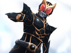 Rule 34 | 1boy, bad id, bad pixiv id, belt, cowboy shot, denji (mugitomato), dutch angle, kamen rider, kamen rider kuuga, kamen rider kuuga (series), kamen rider kuuga (ultimate form), looking at viewer, male focus, red eyes, simple background, solo, standing, thumbs up, white background