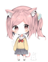 Rule 34 | 1girl, :o, animal, animal ears, bad id, bad pixiv id, black footwear, black skirt, blush, brown eyes, rabbit, cat ears, cat girl, cat tail, chibi, commentary request, cottontailtokki, fish hair ornament, full body, hair ornament, long hair, one side up, original, parted lips, pink hair, pleated skirt, sailor collar, school uniform, serafuku, shirt, simple background, skirt, solo, standing, sweater, tail, white background, white sailor collar, white shirt