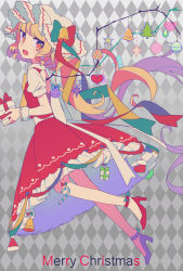 Rule 34 | 1girl, alternate wings, argyle, argyle background, argyle clothes, back bow, bell, blonde hair, bow, busujima (kusahana), christmas ornaments, christmas present, commentary request, english text, fang, flandre scarlet, from side, full body, gift, grey background, hat, hat bow, heart, high heels, holding, holding gift, long hair, looking at viewer, merry christmas, open mouth, red bow, red eyes, red footwear, red skirt, red vest, shirt, shoes, short sleeves, side ponytail, skirt, solo, star (symbol), touhou, vest, white bow, white hat, white shirt, wings, wrist cuffs