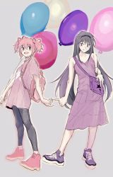 Rule 34 | 2girls, akemi homura, backpack, bag, balloon, bare arms, black hair, black hairband, black leggings, black thighhighs, closed mouth, collarbone, commentary request, dress, full body, grey background, hair ribbon, hairband, highres, kaname madoka, koyomania, leggings, long hair, looking at another, looking at viewer, mahou shoujo madoka magica, mahou shoujo madoka magica (anime), multiple girls, open mouth, pink bag, pink eyes, pink footwear, pink hair, pink ribbon, pink shirt, purple dress, purple eyes, purple footwear, ribbon, shirt, shoes, short hair, short sleeves, short twintails, shoulder bag, simple background, smile, sneakers, teeth, thighhighs, twintails, upper teeth only