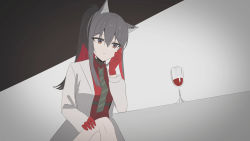 Rule 34 | 1girl, alcohol, animal ear fluff, animal ears, arknights, bad id, bad pixiv id, black background, black hair, black necktie, brown eyes, chihuri, closed mouth, collared shirt, crossed legs, cup, diagonal-striped clothes, diagonal-striped necktie, diagonal-striped neckwear, drinking glass, gloves, grey background, hair between eyes, hand on own knee, hand up, high ponytail, highres, jacket, long hair, long sleeves, looking away, multicolored hair, necktie, open clothes, open jacket, ponytail, red gloves, red hair, red shirt, shirt, solo, striped clothes, striped necktie, striped neckwear, texas (arknights), two-tone background, two-tone hair, white jacket, wine, wine glass