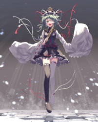 Rule 34 | 1girl, absurdres, asymmetrical legwear, black skirt, black vest, breasts, brown eyes, commentary request, floating, frilled hat, frilled shirt, frilled skirt, frilled sleeves, frills, green hair, hat, heterochromia, highres, kemo chiharu, legs, long sleeves, mismatched legwear, open mouth, ribbon, rod of remorse, shiki eiki, shirt, short hair, skirt, small breasts, bow legwear, socks, solo, thighhighs, thighs, touhou, vest, white eyes, white shirt, wide sleeves, zettai ryouiki