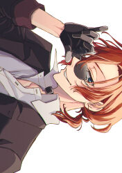 Rule 34 | 1boy, absurdres, black jacket, black suit, blue eyes, bungou stray dogs, formal, highres, jacket, looking at viewer, mafia, male focus, meimei (cb mei), nakahara chuuya, orange hair, shirt, simple background, smile, solo, suit, sunglasses, white background, white shirt