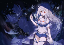 Rule 34 | 1girl, animal, arknights, blue shorts, breasts, cleavage, commentary, cowboy shot, criss-cross halter, fish, floating hair, grey hair, hair between eyes, halterneck, hand up, highres, k futoshi 0n0, large breasts, long hair, low-tied long hair, low ponytail, navel, official alternate costume, one-piece swimsuit, parted lips, red eyes, shorts, skadi (arknights), skadi (waverider) (arknights), solo, stomach, swimsuit, underwater, very long hair, white one-piece swimsuit