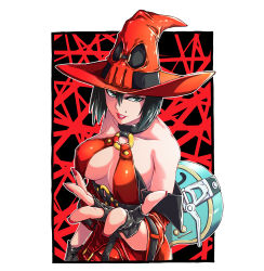 Rule 34 | 1girl, absurdres, bare shoulders, black gloves, black hair, breasts, cleavage, collarbone, commentary request, cowboy shot, electric guitar, eyeliner, fingerless gloves, fish.boy, gloves, green eyes, guilty gear, guitar, hair between eyes, hand up, hat, highres, i-no, instrument, large breasts, lips, lipstick, looking at viewer, makeup, mole, mole above mouth, nail polish, o-ring, o-ring top, off shoulder, open mouth, open palm, outstretched hand, parted lips, red hat, red lips, red nails, short hair, skull-shaped hat, skull hat, solo, standing, witch hat