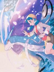 Rule 34 | 1girl, bike shorts, blue eyes, blue hair, blurry, clenched hand, commentary, creatures (company), cropped jacket, game freak, gen 2 pokemon, hair tie, hanenbo, highres, jacket, kris (pokemon), legendary pokemon, long hair, long sleeves, nintendo, parted lips, pokemon, pokemon (creature), pokemon gsc, signature, suicune, twintails, unown, unown a, unown d, unown o, white jacket, yellow headwear