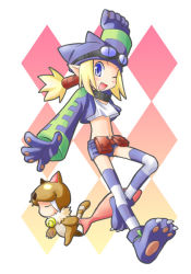 Rule 34 | 2girls, bell, belt pouch, blonde hair, blue shorts, collar, disgaea, fang, fish, gloves, goggles, hat, jingle bell, karina, midriff, multiple girls, one eye closed, paw shoes, pointy ears, ponytail, pouch, purple eyes, saber kitty, saber kitty (disgaea), shoes, shorts, striped clothes, striped legwear, striped thighhighs, tank top, thief (disgaea), thighhighs, wink, zettai ryouiki