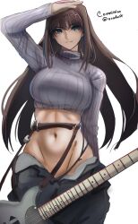 Rule 34 | 1girl, absurdres, aozaki aoko, black panties, blue eyes, breasts, brown hair, clothes pull, code nt, commentary, commission, cowboy shot, cropped sweater, english commentary, english text, grey sweater, groin, guitar, hand on own head, highleg, highleg panties, highres, instrument, large breasts, light smile, long hair, mahou tsukai no yoru, midriff, navel, panties, pants, pants pull, sidelocks, solo, sweater, turtleneck, turtleneck sweater, twitter username, underwear