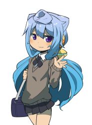 Rule 34 | 1boy, :3, bad id, bad twitter id, bag, black bow, black bowtie, black skirt, blue hair, blush, bow, bowtie, cardigan, closed mouth, collared shirt, commentary request, cowboy shot, crossdressing, fukurou (owl222), hacka doll, hacka doll 3, highres, inactive account, long hair, looking at viewer, male focus, pleated skirt, purple eyes, school uniform, shirt, shoulder bag, skirt, solo, trap, waving, white background, white shirt, wing collar
