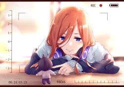 Rule 34 | 1girl, blue eyes, blue jacket, blue sweater, blurry, blurry background, brown hair, character doll, closed mouth, go-toubun no hanayome, headphones, headphones around neck, highres, jacket, long hair, long sleeves, nakano miku, school uniform, shi-2, sleeves past wrists, smile, solo, sweater, uesugi fuutarou, upper body