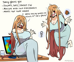 Rule 34 | 1girl, absurdres, breasts, cleavage, cup, drinking glass, english text, floating, ghost, highres, key, large breasts, long hair, monitor, mouse (computer), mousepad (object), multiple tails, murgoten, orange hair, original, red eyes, sitting, sitting on table, tail, very long hair, wallet, water