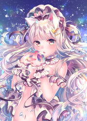 Rule 34 | 1girl, animal ear fluff, animal ears, babydoll, bare shoulders, blush, bow, breasts, brown bow, brown choker, cat ears, choker, cleavage, commentary request, fang, fingernails, frilled choker, frills, hair bow, hair ornament, hairclip, hands up, holding, long hair, looking at viewer, medium breasts, nail polish, nemuri nemu, original, parted lips, red eyes, red nails, silver hair, solo, star (symbol), star hair ornament, two side up, very long hair, white babydoll, wrist cuffs