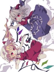 Rule 34 | 2girls, arms up, ascot, blonde hair, blue dress, blue ribbon, bow, breasts, closed mouth, collared shirt, commentary request, crystal, dress, earrings, eyelashes, feet out of frame, flandre scarlet, flying, frills, grey hair, grey headwear, grey legwear, hair between eyes, hands up, hat, hat ribbon, highres, horns, jewelry, joou heika (precare deum), laevatein (touhou), leg up, looking at another, medium breasts, mob cap, multicolored wings, multiple girls, no shoes, off-shoulder dress, off shoulder, one side up, open mouth, pointy ears, polearm, puffy short sleeves, puffy sleeves, red bow, red dress, red eyes, red ribbon, ribbon, sharp teeth, shirt, short hair, short sleeves, simple background, smile, socks, spear, spoon, teeth, touhou, toutetsu yuuma, v-shaped eyebrows, weapon, white background, wide sleeves, wings, yellow ascot
