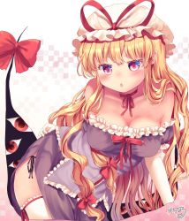 Rule 34 | 1girl, alternate costume, armpit crease, bare shoulders, blonde hair, blush, bow, breasts, chestnut mouth, choker, collarbone, commentary request, dress, dress bow, elbow gloves, eyelashes, frilled dress, frills, gap (touhou), gloves, hair ribbon, hand on own hip, highres, kemo chiharu, lace, lace-trimmed legwear, lace trim, long hair, looking at viewer, medium breasts, open mouth, panties, parted lips, purple dress, purple eyes, red bow, red choker, red ribbon, ribbon, ribbon-trimmed legwear, ribbon choker, ribbon trim, side-tie panties, side slit, sidelocks, signature, solo, thighhighs, touhou, tress ribbon, underwear, very long hair, white gloves, white thighhighs, yakumo yukari
