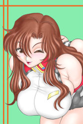 Rule 34 | 00s, 1girl, ^jj^, alpharalpha, breasts, brown eyes, brown hair, gundam, gundam seed, gundam seed destiny, large breasts, lipstick, makeup, murrue ramius, one eye closed, solo, wink