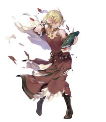 Rule 34 | 1girl, bare shoulders, belt, blonde hair, book, boots, breasts, citrinne (fire emblem), dress, feathers, fire emblem, fire emblem engage, fire emblem heroes, full body, gold trim, hair ornament, hand up, highres, holding, holding book, jewelry, knee boots, long dress, medium breasts, ne-on, necklace, nintendo, non-web source, official art, one eye closed, pantyhose, purple eyes, short hair, solo, torn clothes, torn dress, transparent background