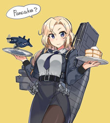 Rule 34 | 1girl, aircraft, belt, black belt, black pantyhose, black skirt, blonde hair, blue necktie, blush, bomber jacket, breasts, circular wing, closed mouth, english text, food, holding, holding plate, hornet (kancolle), jacket, kantai collection, kusanagi tonbo, large breasts, long hair, long sleeves, necktie, neckwear between breasts, pancake, pantyhose, pencil skirt, plate, simple background, skirt, solo, speech bubble, sweat, syrup, translated, wavy mouth, weapon case, xf5u, yellow background