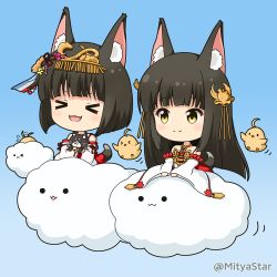 Rule 34 | &gt; &lt;, 2girls, :d, animal, animal ear fluff, animal ears, animal hug, azur lane, bird, black hair, blue background, blush, brown eyes, cat, chibi, chick, closed eyes, closed mouth, cloud, commentary request, detached sleeves, dress, fang, fox ears, fox girl, fox tail, headpiece, long hair, long sleeves, manjuu (azur lane), mitya, multiple girls, mutsu (azur lane), nagato (azur lane), open mouth, pleated dress, red dress, sidelocks, sleeves past wrists, smile, strapless, strapless dress, tail, twitter username, very long hair, white sleeves, wide sleeves, xd