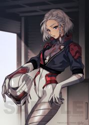 Rule 34 | 1girl, blue eyes, bodysuit, bomber jacket, braid, commission, dog tags, fishine, helmet, highres, jacket, looking at viewer, original, pilot suit, short hair, skin tight, skindentation, solo, source request, thighs, unzipped, white hair