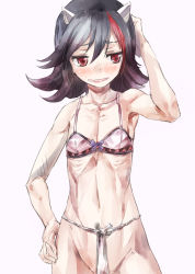 Rule 34 | 1girl, arm behind head, black hair, blush, bow, bow bra, bra, commentary request, cone horns, embarrassed, flat chest, fundoshi, grey horns, horns, japanese clothes, kijin seija, multicolored hair, red eyes, red hair, ribs, short hair, skinny, streaked hair, touhou, underwear, yohane