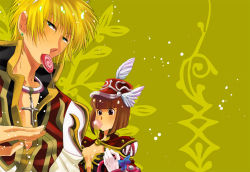 Rule 34 | 1boy, 1girl, black coat, blonde hair, blush, bob cut, brown dress, brown eyes, brown hair, blowing bubbles, candy, cape, chewing gum, coat, commentary request, creator (ragnarok online), cross, cross necklace, dress, ear piercing, eyes visible through hair, food, gloves, green eyes, hair between eyes, hat, high priest (ragnarok online), jewelry, layered clothes, living clothes, lollipop, looking to the side, necklace, open mouth, otsuki (tm3n), piercing, plume, ragnarok online, red cape, shako cap, short hair, strapless, strapless dress, teeth, upper body, white coat, white gloves, winged hat