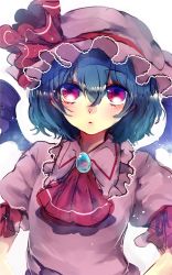Rule 34 | 1girl, ascot, bat wings, blue hair, frills, ginzuki ringo, hat, hat ribbon, highres, jewelry, looking at viewer, mob cap, parted lips, portrait, puffy sleeves, red eyes, remilia scarlet, ribbon, shirt, short hair, short sleeves, simple background, solo, touhou, white background, wings