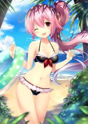 Rule 34 | 10s, 1girl, ;d, adapted costume, amaya kyou, beach, bikini, blush, breasts, day, frilled bikini, frills, gradient hair, hair ornament, harusame (kancolle), kantai collection, long hair, looking at viewer, multicolored hair, navel, one eye closed, open mouth, outdoors, pink eyes, pink hair, purple hair, school uniform, serafuku, side ponytail, smile, solo, swimsuit