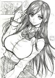 black_hair breasts dead_or_alive hair_ornament hand_up kokoro_(doa) large_breasts long_hair monochrome school_uniform skidrow skirt smile