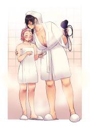 2girls absurdres akiosketch bare_legs breasts cleavage collarbone full_body hair_dryer hairband heart highres holding_another&#039;s_arm kiss kissing_forehead large_breasts long_hair mole mole_on_breast multiple_girls naked_towel original robe short_hair sidelocks slippers standing steam towel towel_on_head white_footwear white_robe yuri