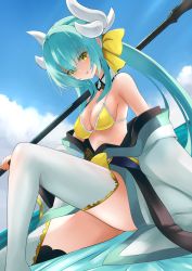 Rule 34 | 1girl, aqua hair, bare shoulders, bikini, bikini top only, bow, cloud, detached collar, dragon horns, eyes visible through hair, fate/grand order, fate (series), feet out of frame, green eyes, hair between eyes, hair bow, hair ornament, highres, holding, holding polearm, holding spear, holding weapon, horns, japanese clothes, kimono, kiyohime (fate), kiyohime (fate/grand order), kiyohime (swimsuit lancer) (fate), kiyohime (swimsuit lancer) (first ascension) (fate), manjirou (manji illust), off shoulder, official alternate costume, polearm, sitting, sky, solo, spear, swimsuit, thighhighs, weapon, yellow bikini