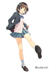 Rule 34 | 1girl, bag, black hair, black jacket, blazer, blue bow, blue skirt, bow, breasts, brown footwear, cardigan, collared shirt, commentary request, full body, green eyes, jacket, koutaro, long sleeves, looking at viewer, open clothes, open jacket, open mouth, original, pleated skirt, school bag, school uniform, shirt, shoe soles, simple background, skirt, small breasts, socks, solo, standing, standing on one leg, twitter username, white background, white cardigan, white shirt, white socks