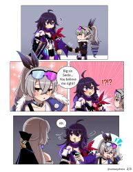 Rule 34 | !?, 3girls, :p, ?, absurdres, ahoge, armband, black gloves, black shorts, blue eyes, blue hair, blue scarf, blush, breasts, bronya rand, butterfly tattoo, chen (somanychens), collarbone, commentary, crossed bangs, earrings, english commentary, english text, gloves, goggles, goggles on head, grey eyes, grey hair, hair between eyes, high ponytail, highres, honkai: star rail, honkai (series), jewelry, long hair, looking at another, multiple girls, no mouth, open hand, open mouth, ponytail, red armband, scarf, seele (honkai: star rail), shorts, silver wolf (honkai: star rail), simple background, small breasts, speech bubble, sweatdrop, tattoo, tongue, tongue out, twitter username, waving