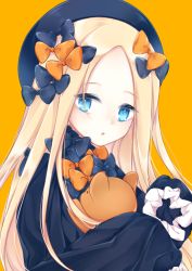 Rule 34 | 1girl, :o, abigail williams (fate), bad id, bad pixiv id, black bow, black dress, black hat, blonde hair, blue eyes, bow, dress, fate/grand order, fate (series), forehead, hair bow, hat, hugging object, long hair, long sleeves, looking at viewer, looking to the side, orange background, orange bow, parted bangs, parted lips, pixiv fate/grand order contest 1, polka dot, polka dot bow, simple background, sleeves past fingers, sleeves past wrists, solo, stuffed animal, stuffed toy, teddy bear, tm21, upper body