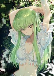 Rule 34 | 1girl, arm behind head, arms up, breasts, brown eyes, bush, c.c., cleavage, code geass, collarbone, commentary request, creayus, crop top, dappled sunlight, day, frilled shirt collar, frilled sleeves, frills, front-tie top, green hair, head tilt, laces, long hair, looking at viewer, medium breasts, midriff, outdoors, outstretched arm, parted lips, puffy short sleeves, puffy sleeves, short sleeves, sidelocks, solo, straight hair, stretching, sunlight, upper body