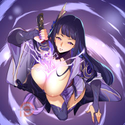 Rule 34 | 1girl, armor, breasts, bridal gauntlets, cleavage, flower, genshin impact, japanese clothes, kimono, kukumomo, large breasts, long hair, musou isshin (genshin impact), nail polish, one breast out, purple flower, purple kimono, purple nails, raiden shogun, shoulder armor, sword, thighhighs, very long hair, watermark, weapon