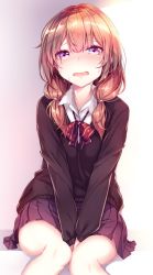 Rule 34 | 1girl, black skirt, black sweater, blue eyes, blush, bow, bowtie, brown bow, brown bowtie, brown hair, commentary, cowboy shot, crying, diagonal stripes, dress shirt, hair over shoulder, hair tie, haruka natsuki, loose bowtie, miniskirt, open mouth, original, pleated skirt, school uniform, shirt, sitting, skirt, solo, striped bow, striped bowtie, striped clothes, striped neckwear, sweater, tears, twintails, v-neck, v arms, wavy mouth, white shirt, wing collar