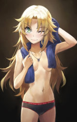 Rule 34 | 1girl, alternate hairstyle, arm up, bare arms, black panties, blonde hair, blue towel, blush, brand name imitation, breasts, clothes writing, collarbone, convenient censoring, cowboy shot, drying, drying hair, fate/apocrypha, fate (series), green eyes, hair down, jewelry, long hair, looking at viewer, mordred (fate), mordred (fate/apocrypha), navel, necklace, one eye closed, panties, parted bangs, small breasts, smile, solo, standing, stomach, toned, tonee, topless, towel, towel around neck, towel over breasts, underwear, v-shaped eyebrows, very long hair