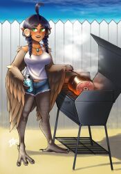 Rule 34 | 1girl, absurdres, ahoge, animal hands, bare shoulders, bauble, beer can, bird legs, black hair, blush, boned meat, braid, breasts, brown feathers, brown wings, can, cleavage, commentary, commission, cooking, denim, denim shorts, drink can, feathers, fence, food, green eyes, grill, grilling, harpy, highres, jewelry, large breasts, long hair, meat, monster girl, necklace, original, outdoors, parted bangs, pointy ears, sharp teeth, shorts, solo, talons, tan, tank top, teeth, twin braids, white tank top, winged arms, wings, wooden fence, yashrimp
