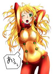 Rule 34 | 1girl, akafuku, arms up, blonde hair, blush, bodysuit, breasts, cosplay, evangelion: 2.0 you can (not) advance, green eyes, highres, hoshii miki, idolmaster, idolmaster (classic), jpeg artifacts, large breasts, long hair, multicolored clothes, neon genesis evangelion, one eye closed, open mouth, plugsuit, rebuild of evangelion, simple background, solo, souryuu asuka langley (cosplay), tears, test plugsuit, wink