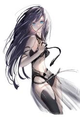 Rule 34 | 1girl, absurdres, asymmetrical legwear, bare arms, bare shoulders, black hair, black leotard, black straps, black thighhighs, blue eyes, clothing cutout, cowboy shot, from side, gawako, hair between eyes, hair over one eye, hair over shoulder, hand on own chest, head tilt, highres, legs together, leotard, long hair, looking at viewer, messy hair, navel, original, parted lips, sidelocks, simple background, single bare leg, single thighhigh, sketch, solo, stomach cutout, strap, thigh cutout, thighhighs, very long hair, white background