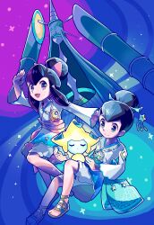 Rule 34 | 1boy, 1girl, :d, absurdres, arm up, black hair, brother and sister, brown footwear, celesteela, closed mouth, commentary request, creatures (company), ffccll, game freak, gen 3 pokemon, gen 7 pokemon, glowing, hair bun, highres, jewelry, jirachi, legendary pokemon, liza (pokemon), liza (summer 2023) (pokemon), looking at viewer, mythical pokemon, necklace, nintendo, official alternate costume, open mouth, pokemon, pokemon (creature), pokemon masters ex, sandals, shirt, shorts, siblings, sidelocks, smile, tate (pokemon), tate (summer 2023) (pokemon), tongue, twins, ultra beast, white shirt, white shorts