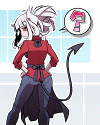 Rule 34 | 1girl, ?, apron, black apron, black pants, black tail, breasts, collared shirt, commentary request, demon girl, demon horns, demon tail, denim, from behind, hair up, hands on own hips, helltaker, highres, horns, jeans, jin (mugenjin), looking at viewer, looking back, lucifer (helltaker), mole, mole under eye, pants, red shirt, shirt, sidelocks, sleeves rolled up, solo, spoken question mark, tail, white hair, white horns