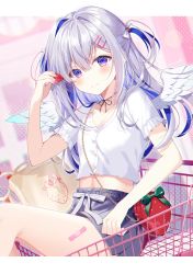 Rule 34 | 1girl, amane kanata, angel wings, artist name, bag, bandaid, bandaid on leg, black ribbon, blue hair, blurry, blurry background, blush, bow, buttons, chain, collarbone, colored inner hair, denim, denim shorts, dotted background, food, frilled sleeves, frills, fruit, hair between eyes, hair ornament, hairclip, hand up, highres, holding, holding food, holding fruit, hololive, letterboxed, light particles, long hair, looking at viewer, midriff, multicolored hair, myusha, neck ribbon, outside border, pink background, purple eyes, ribbon, shirt, shopping cart, short sleeves, shorts, signature, sitting, smile, solo, strawberry, thighs, two side up, virtual youtuber, white bow, white hair, white shirt, wings, yellow bag