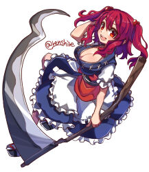Rule 34 | 1girl, :d, black footwear, blue dress, breasts, cleavage, coin, dress, full body, hair bobbles, hair ornament, highres, holding, holding scythe, large breasts, looking at viewer, obi, one-hour drawing challenge, onozuka komachi, open mouth, red eyes, red hair, renshirenji, sash, scythe, short hair, simple background, smile, socks, solo, touhou, twitter username, two side up, white background, white socks